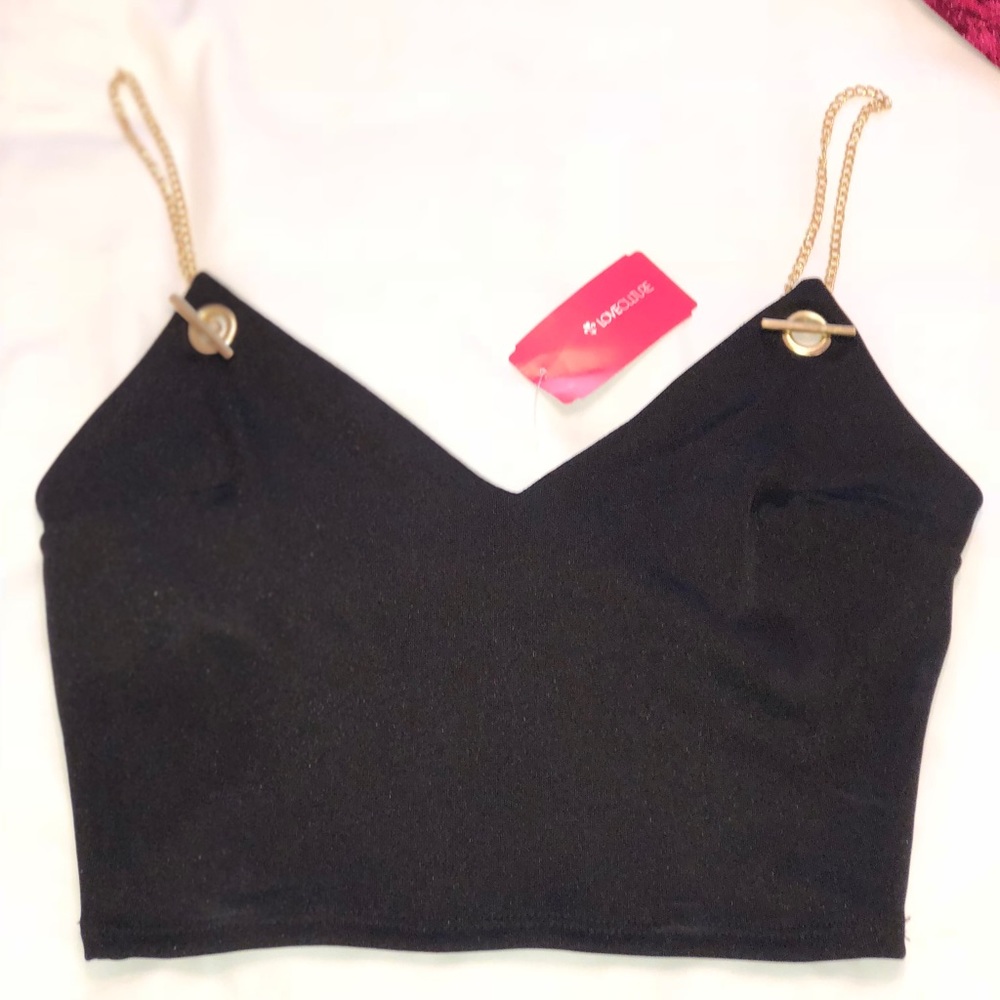 Small NWT Black w Gold Chain Straps Crop Top!